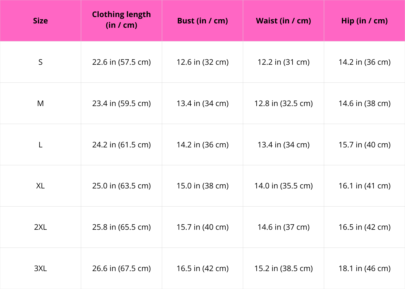 Size chart