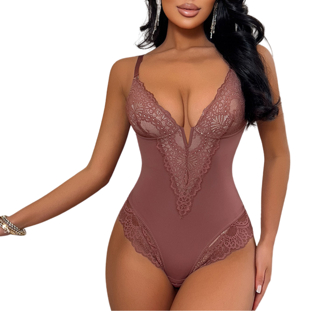 Deep V Lace Body Shaper Bodysuit – Bust Lift, Waist Slimming & Sexy Elegance