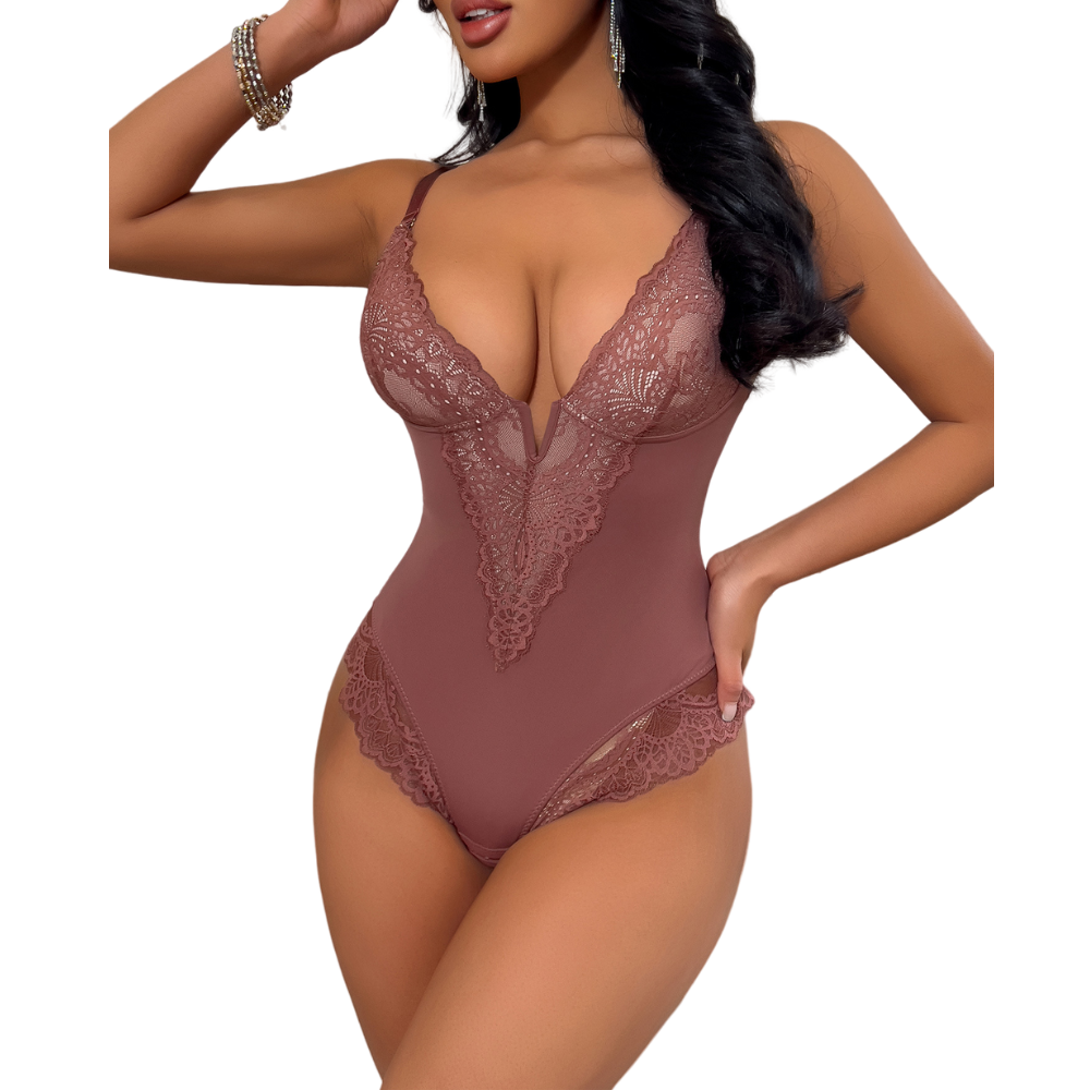 Deep V Lace Body Shaper Bodysuit – Bust Lift, Waist Slimming & Sexy Elegance